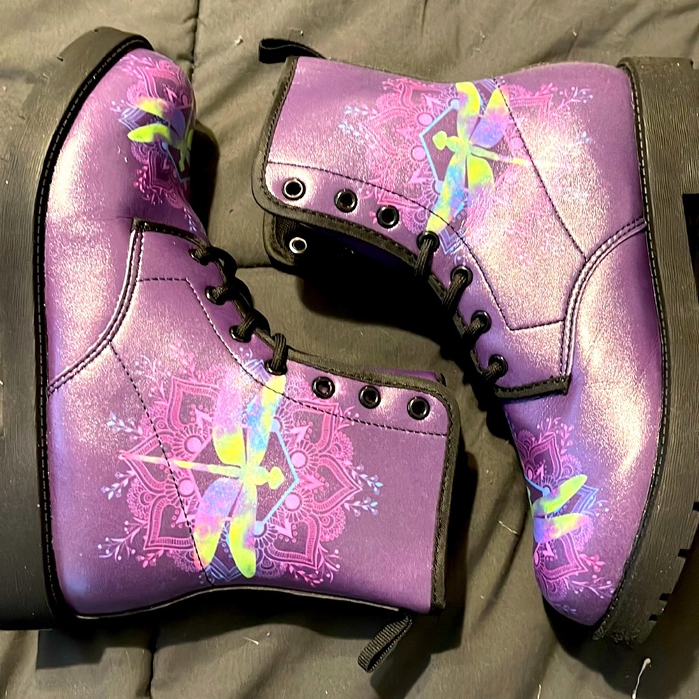 Brand new, never worn purple boots with dragon fly accents